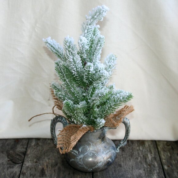 Mini Christmas Tree Pewter Pot Decor Holiday Home Evergreen Cute Rustic Cabin - Picture 1 of 13